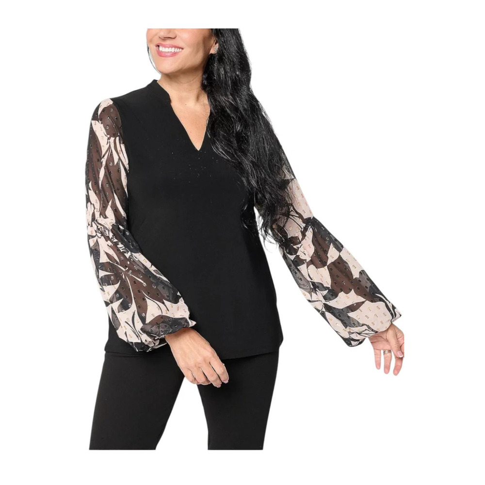 Dennis Basso Women's Italia Knit Print Slv Top Black/Ivory - Regular